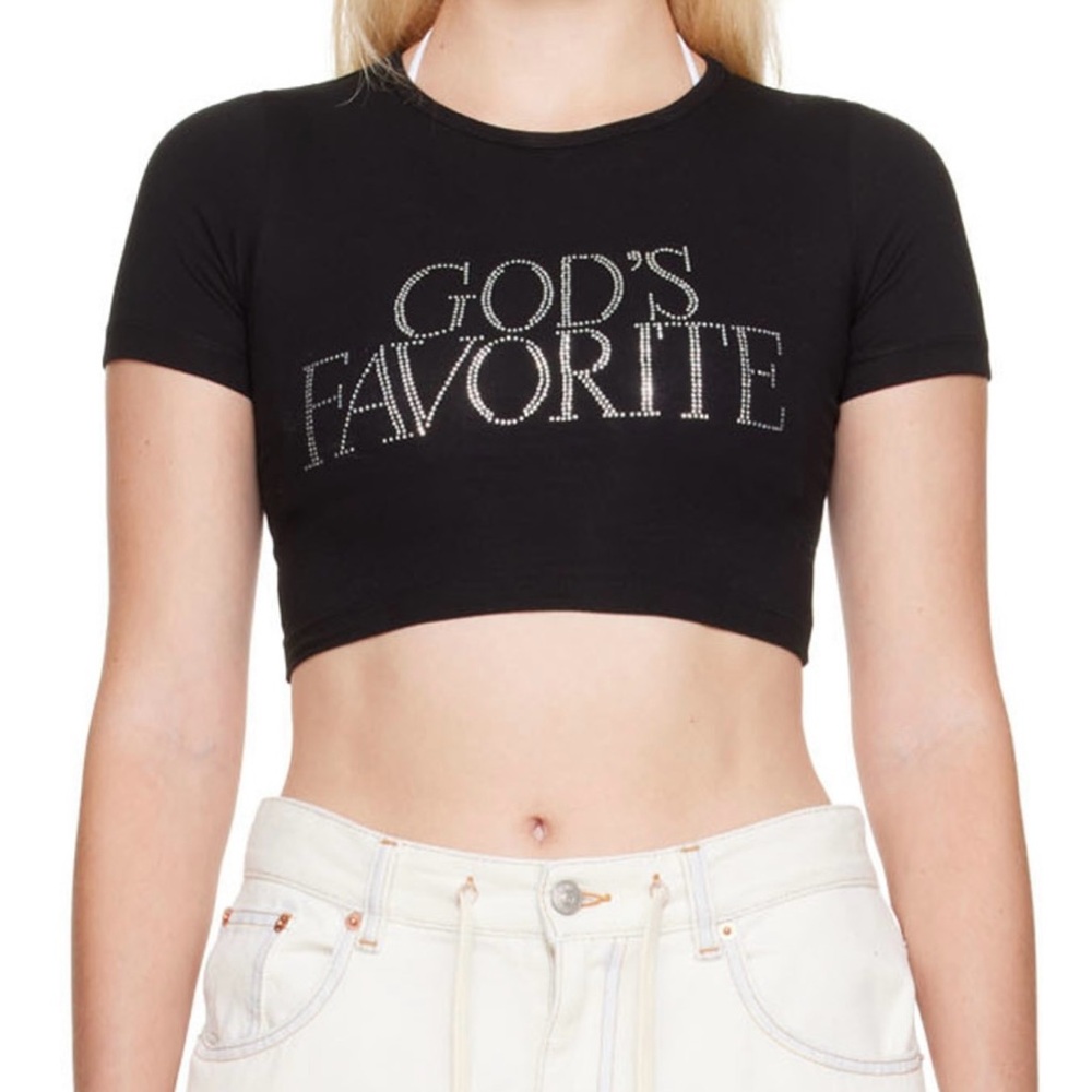 Praying Black Graphic ‘God’s Favorite’ rhinestone detail Crop Top